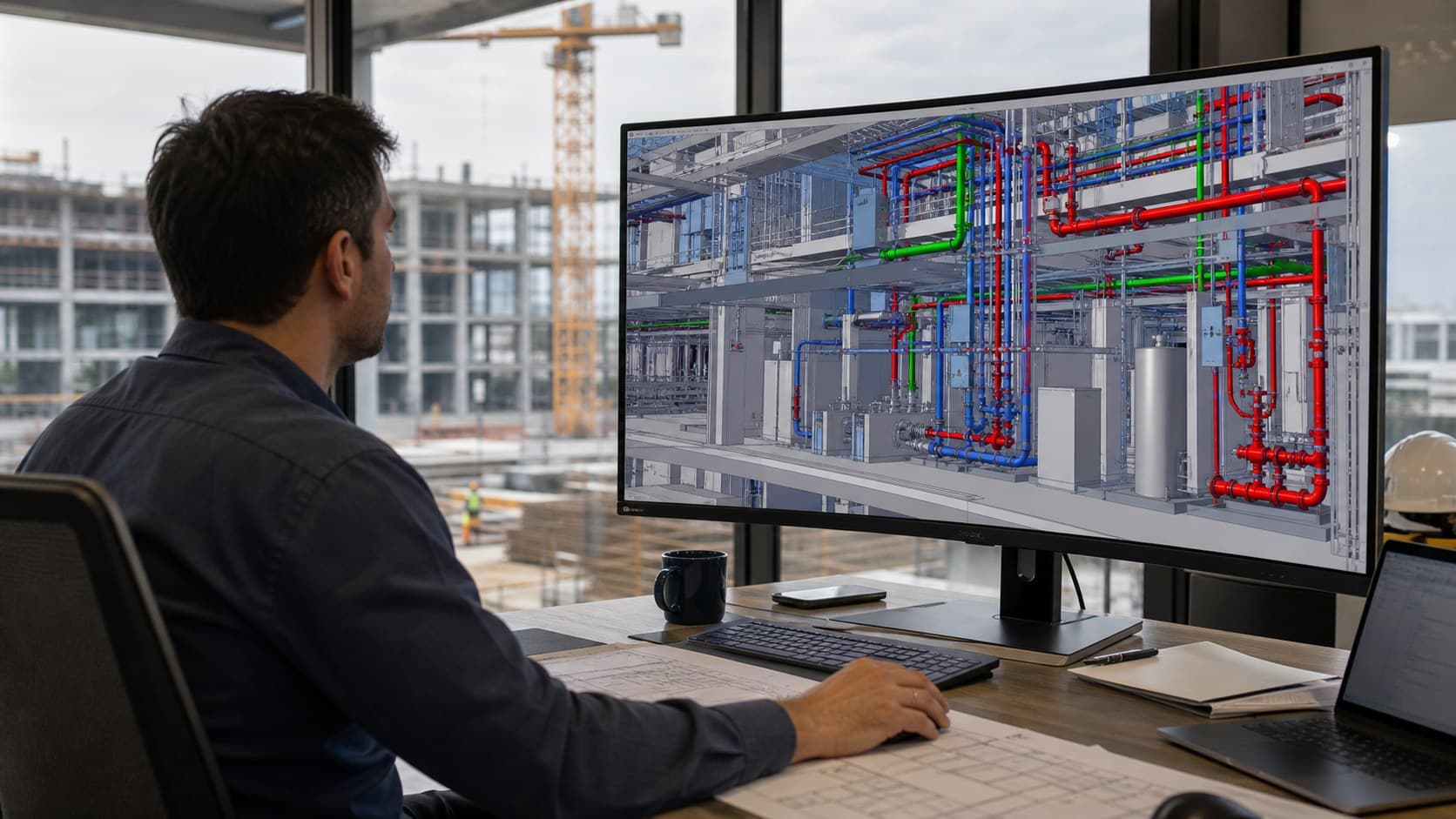 Hydraulic engineer coordinating commercial pipework in a detailed BIM model
