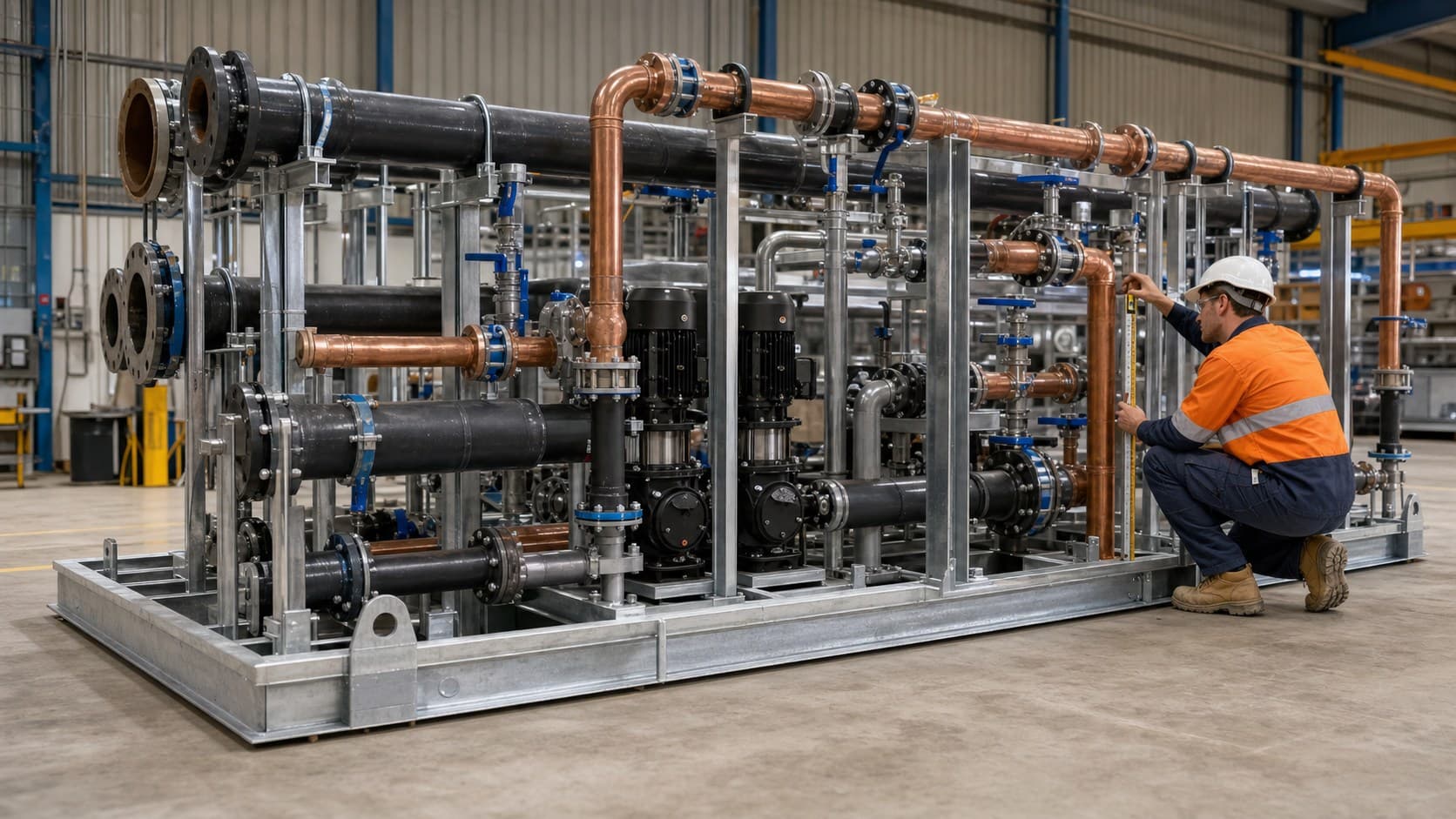 Skid-mounted hydraulic plant module being quality checked in a fabrication workshop